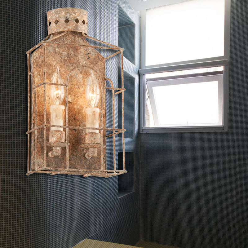 Country Candle Sconce Light Fixture 2-Bulb Metal Wall Mount Lighting in Rust for Indoor with Cage