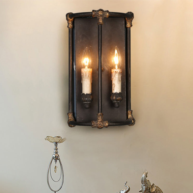 2 Lights Wall Lamp Lighting Country Candle Metal Sconce Light Fixture in Black with Frame