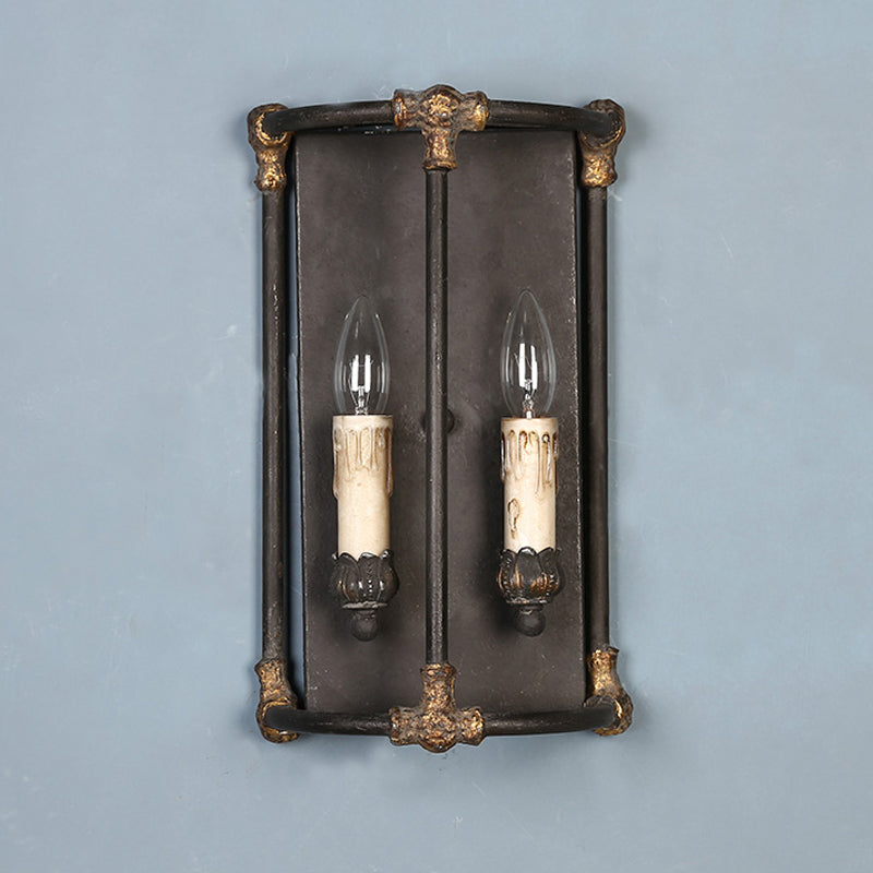 2 Lights Wall Lamp Lighting Country Candle Metal Sconce Light Fixture in Black with Frame