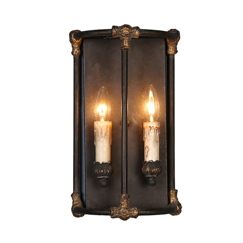 2 Lights Wall Lamp Lighting Country Candle Metal Sconce Light Fixture in Black with Frame