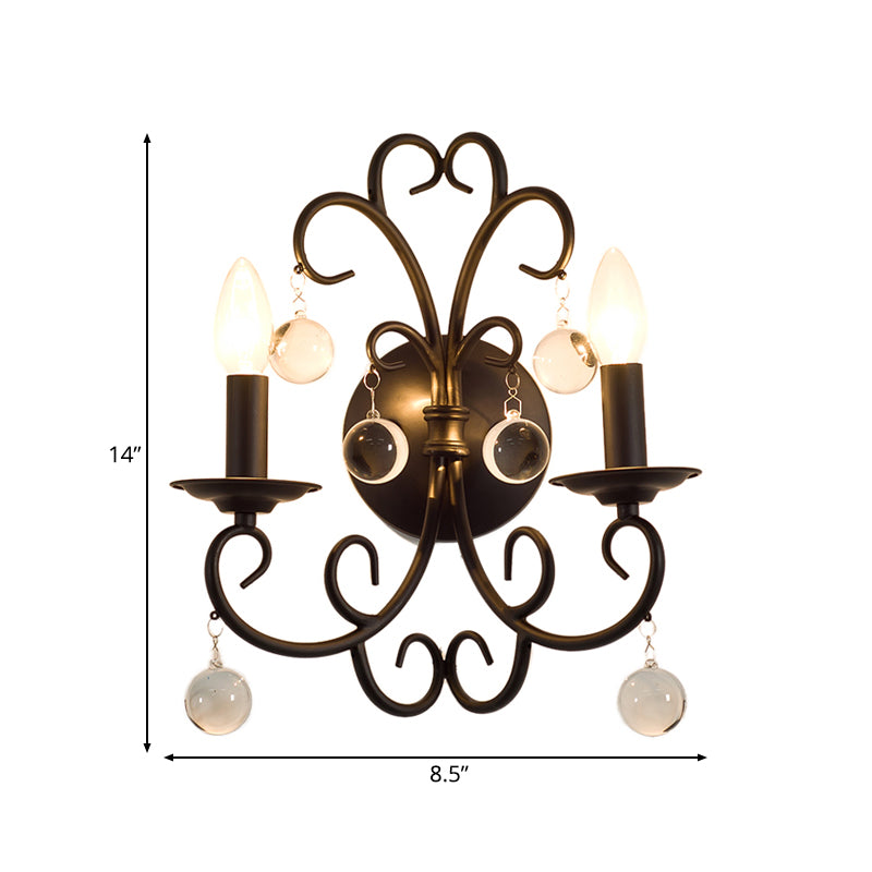 Metal Black Sconce Light Fixture Candle 2-Light Rustic Wall Mounted Lighting for Dining Room with Clear Crystal Ball