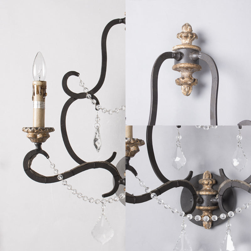 Black 2 Lights Sconce Light Rustic Metal Candle Mur Mury Lighting pour le salon avec décoration en cristal transparent