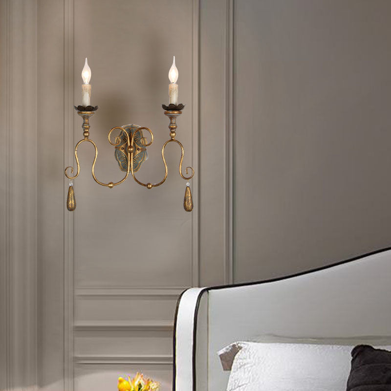 Gold 2 Lights Wall Light Fixture Countryside Metal Exposed Bulb Sconce Lamp for Bedroom