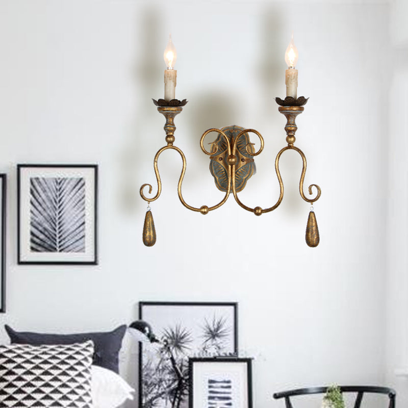 Gold 2 Lights Wall Light Fixture Countryside Metal Exposed Bulb Sconce Lamp for Bedroom