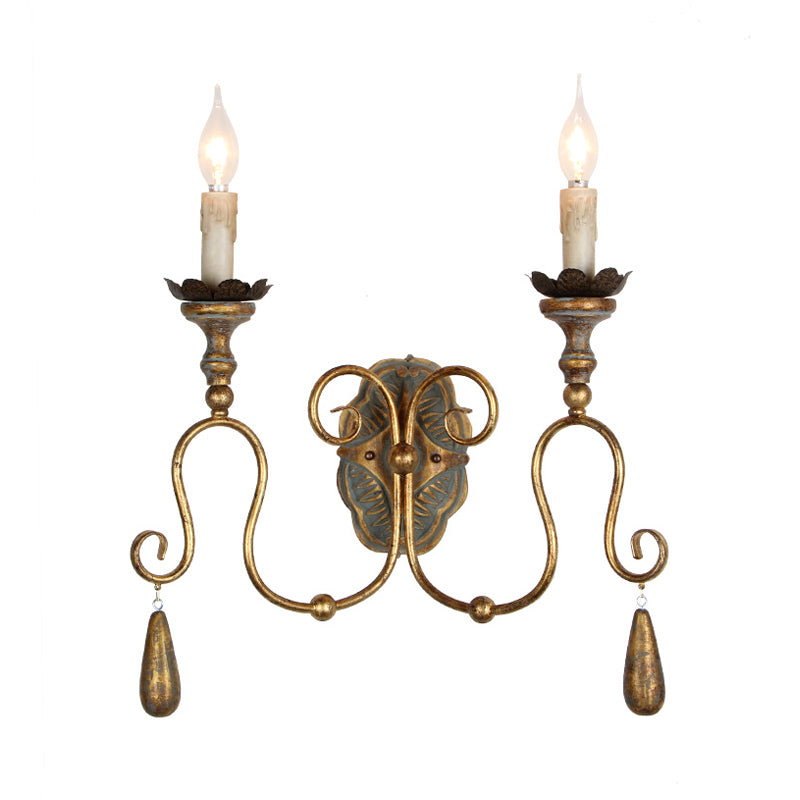 Gold 2 Lights Wall Light Fixture Countryside Metal Exposed Bulb Sconce Lamp for Bedroom