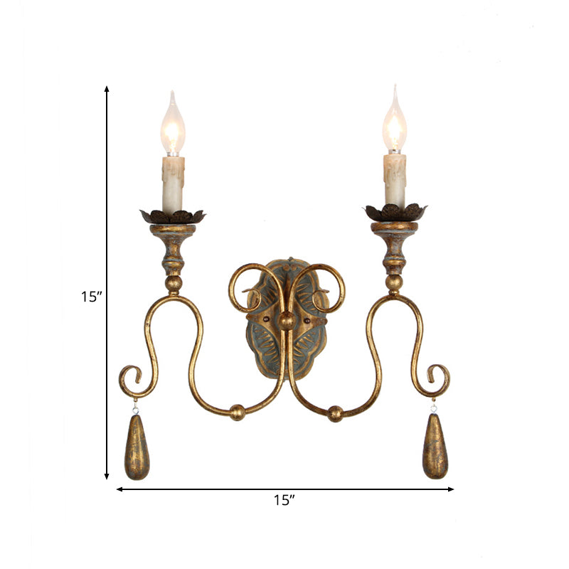 Gold 2 Lights Wall Light Fixture Countryside Metal Exposed Bulb Sconce Lamp for Bedroom