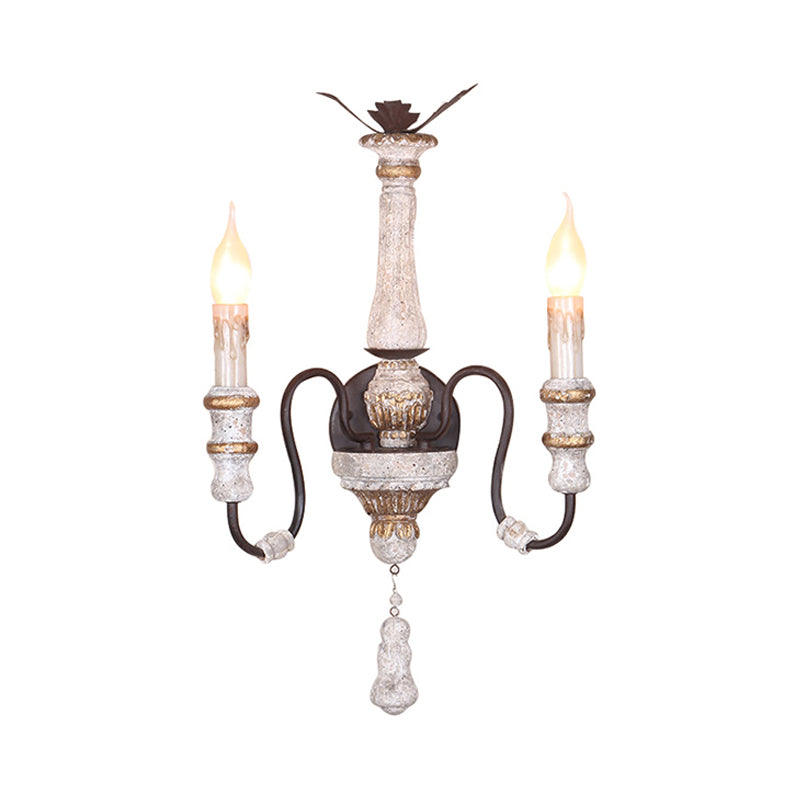 Solid Wood Candle Sconce Lighting Antique Style 2-Light Bedroom Wall Mounted Lamp in White