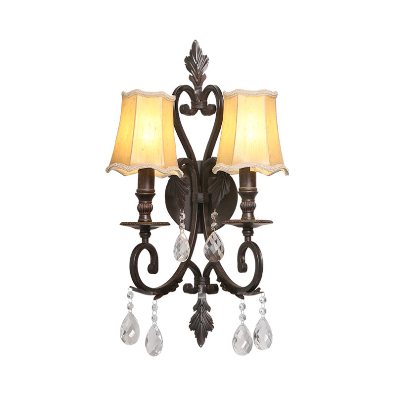 Rust Scalloped Sconce Traditional Metal 2 Lights Indoor Wall Mount Lighting with Fabric Shade and Crystal Accents