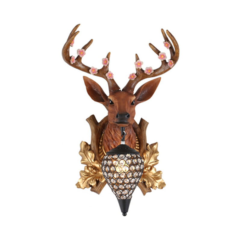 1 Light Vanity Lamp Country Brown / White Resin Sconce Light pour la salle de bain avec une teinte en cristal en larmes