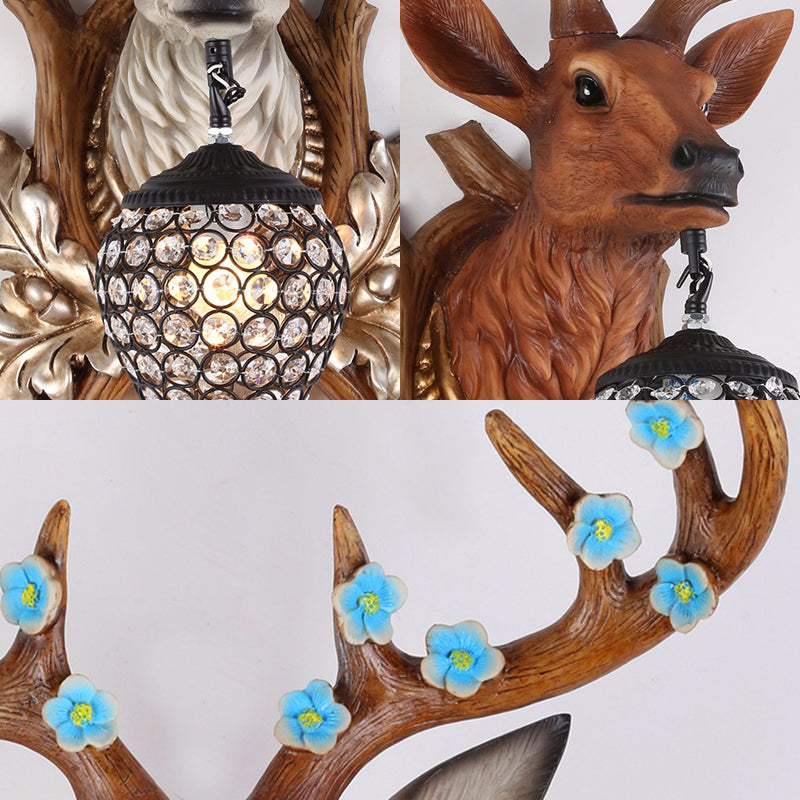 1 Light Vanity Lamp Country Brown / White Resin Sconce Light pour la salle de bain avec une teinte en cristal en larmes