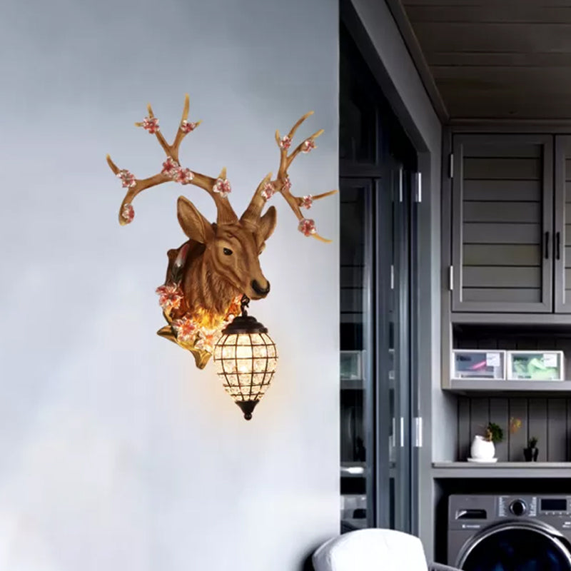 1 Light Resin Wall Lighting Country White/Yellow/Brown Deer Living Room Sconce Light Fixture with Teardrop Crystal Shade