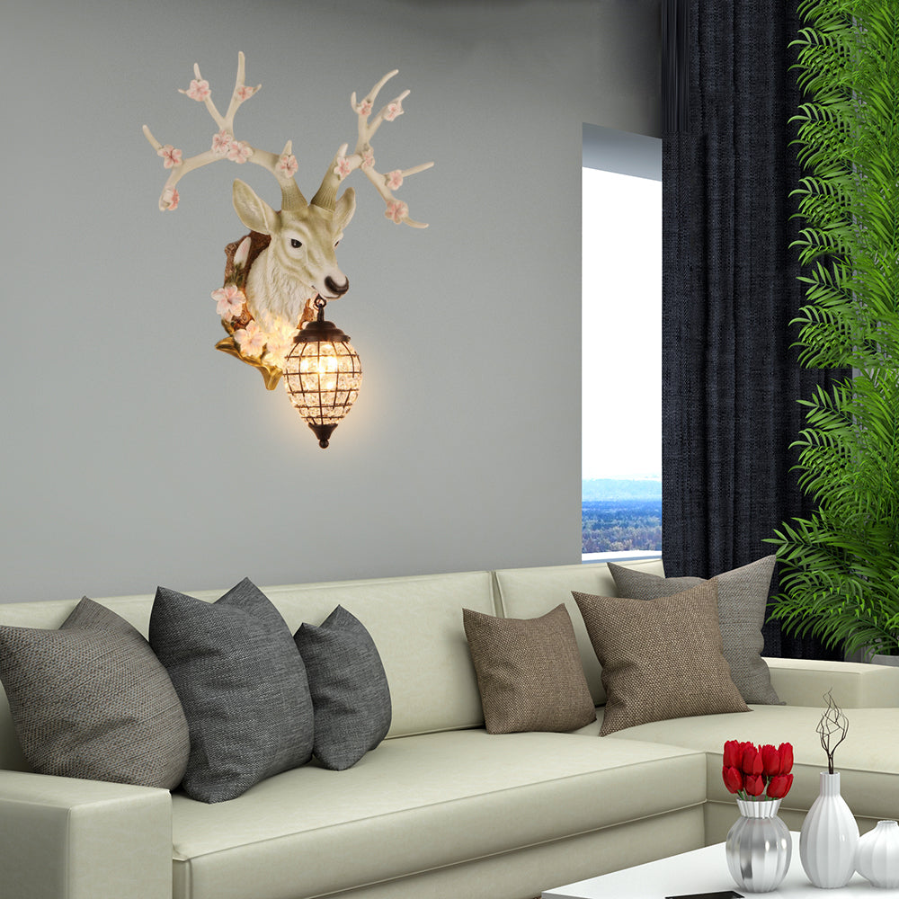 1 Light Resin Wall Lighting Country White/Yellow/Brown Deer Living Room Sconce Light Fixture with Teardrop Crystal Shade