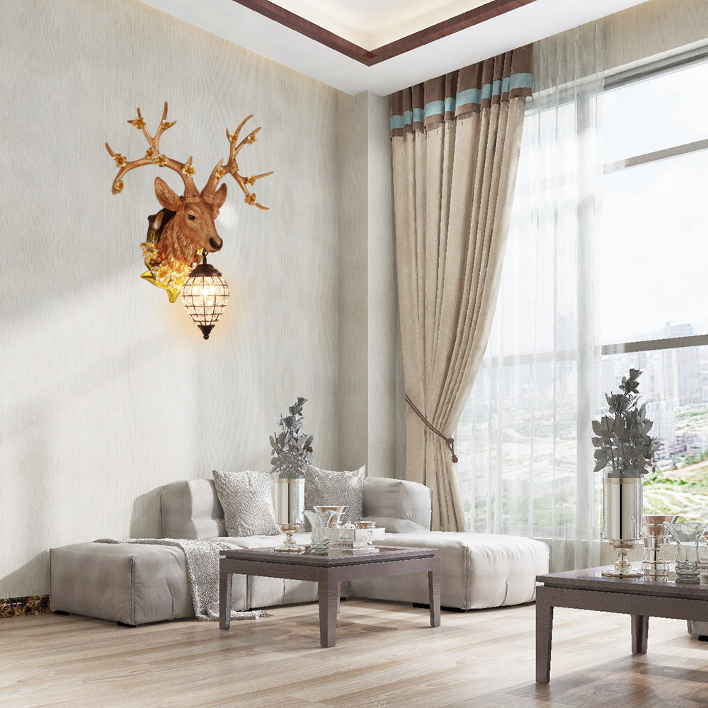 1 Light Resin Wall Lighting Country White/Yellow/Brown Deer Living Room Sconce Light Fixture with Teardrop Crystal Shade