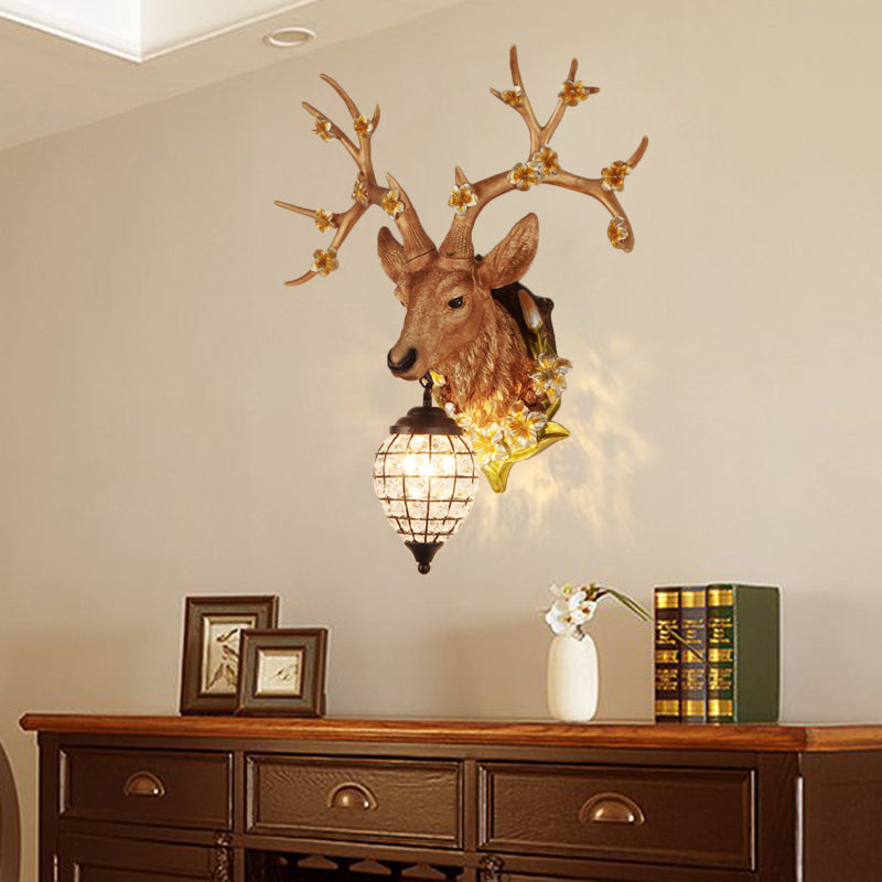 1 Light Resin Wall Lighting Country White/Yellow/Brown Deer Living Room Sconce Light Fixture with Teardrop Crystal Shade