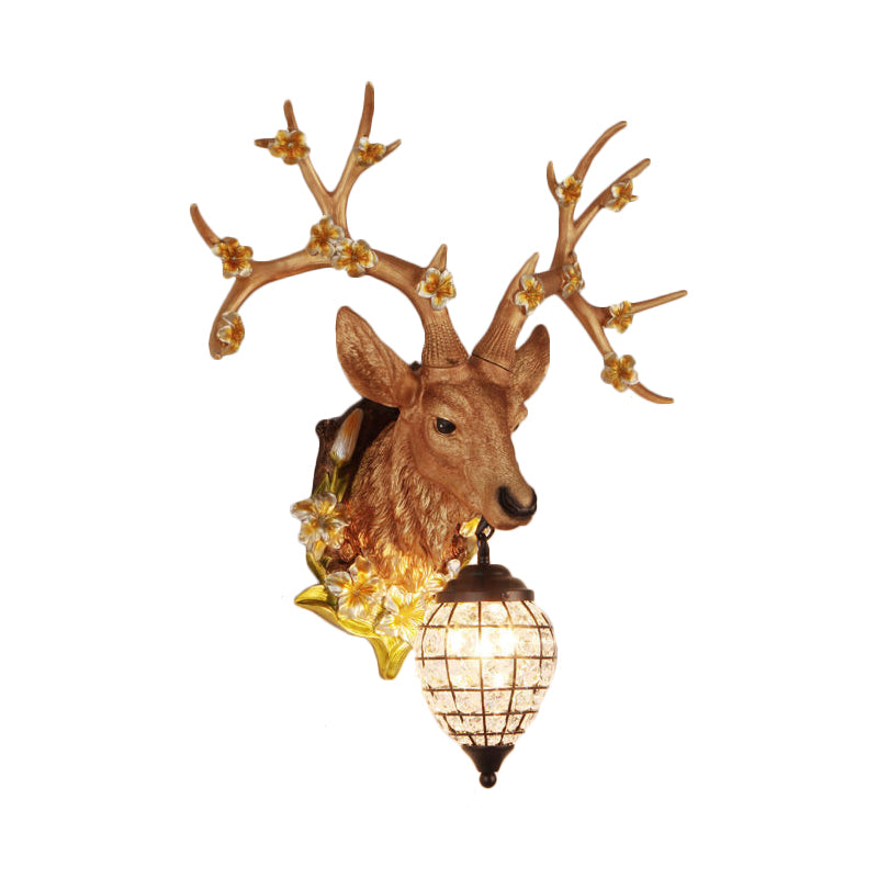 1 Light Resin Wall Lighting Country White/Yellow/Brown Deer Living Room Sconce Light Fixture with Teardrop Crystal Shade