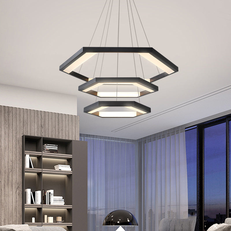 Hexagon Acrylic Chandelier Modernist 1/2/3 Lights Black Led Hanging Ceiling Light in White/Warm Light