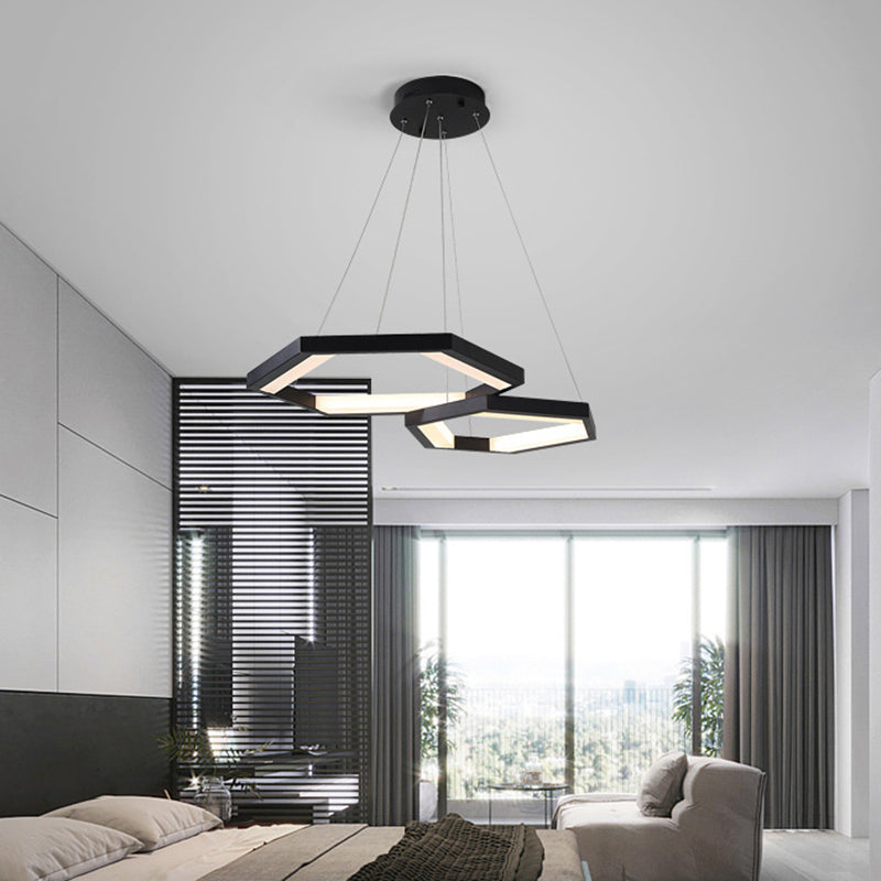 Hexagon Acrylic Chandelier Modernist 1/2/3 Lights Black Led Hanging Ceiling Light in White/Warm Light