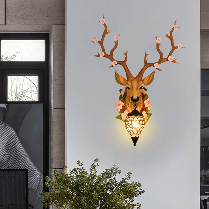 White/Yellow 1 Light 16.5"/23" W Sconce Light Traditional Resin Deer Wall Lighting Fixture with Teardrop Crystal Shade
