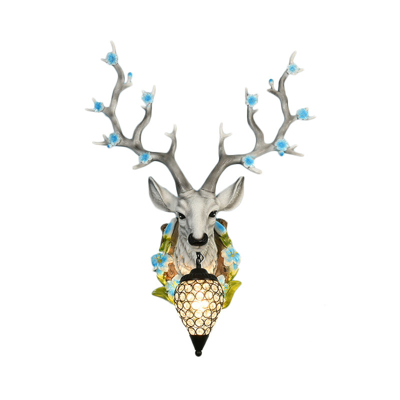 White/Yellow 1 Light 16.5"/23" W Sconce Light Traditional Resin Deer Wall Lighting Fixture with Teardrop Crystal Shade