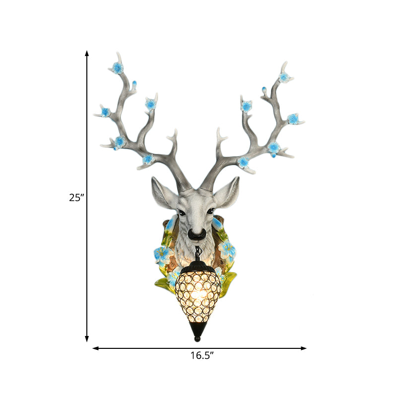 White/Yellow 1 Light 16.5"/23" W Sconce Light Traditional Resin Deer Wall Lighting Fixture with Teardrop Crystal Shade