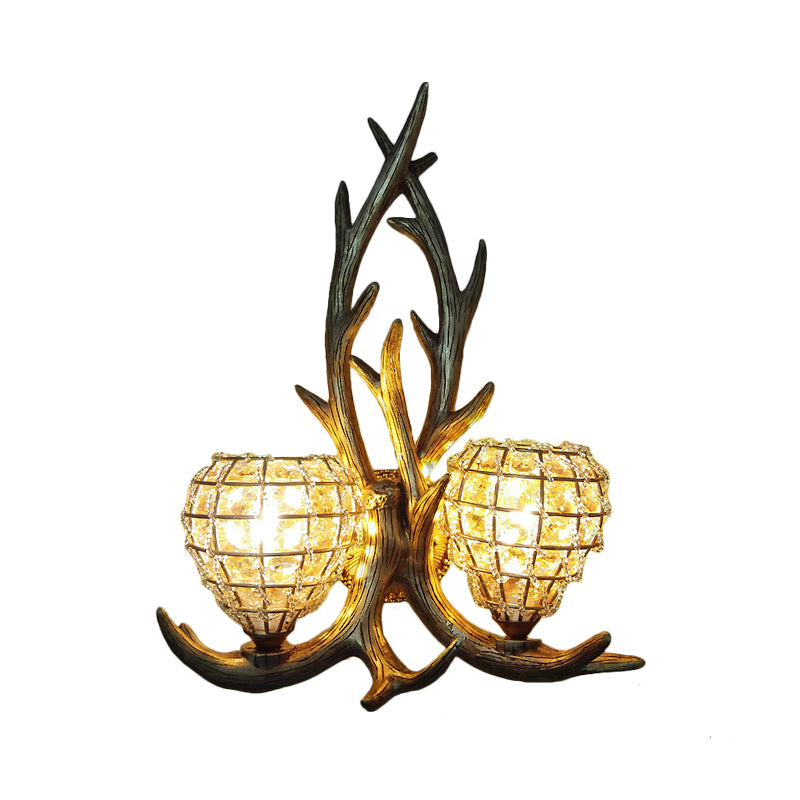 Resin Antler Wall Lighting Country 2-Light Bedroom Sconce Light Fixture in Brown/Gold with Globe Crystal Shade
