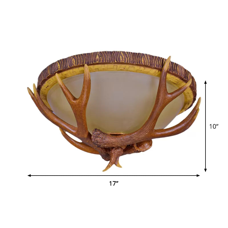 3 Lights Dome Flush Mount Farmhouse Brown Frosted Glass Ceiling Light Fixture with Antler Deco