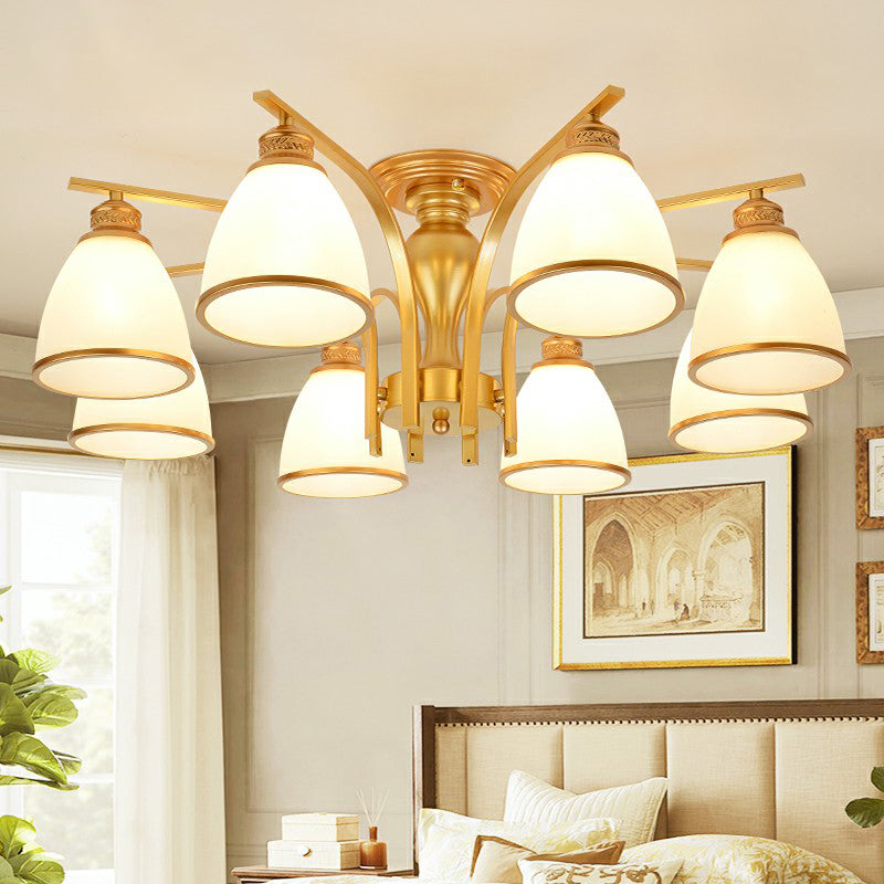 Goud afwerking bell semi spoel kroonluchter traditionele opaalglazen slaapkamer plafond gemonteerd licht