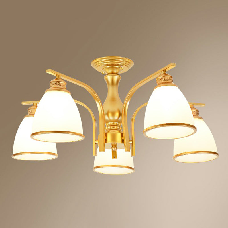 Goud afwerking bell semi spoel kroonluchter traditionele opaalglazen slaapkamer plafond gemonteerd licht