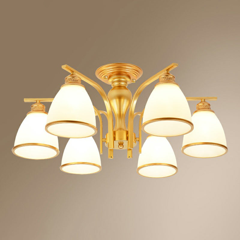 Goud afwerking bell semi spoel kroonluchter traditionele opaalglazen slaapkamer plafond gemonteerd licht
