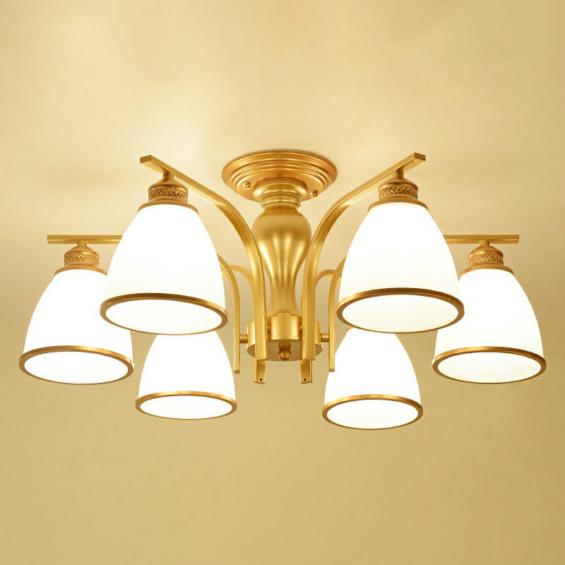 Goud afwerking bell semi spoel kroonluchter traditionele opaalglazen slaapkamer plafond gemonteerd licht