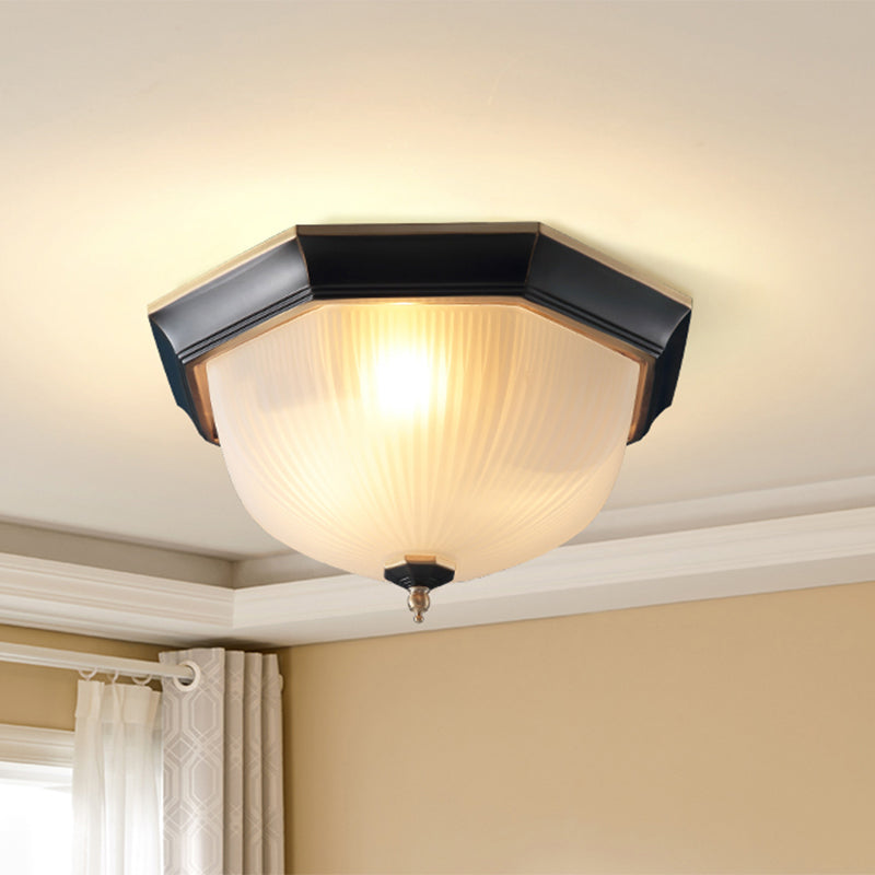 Hemisphere Flush Mount Lighting Retro White Ribbed Glass Ceiling Fixture for Hallway
