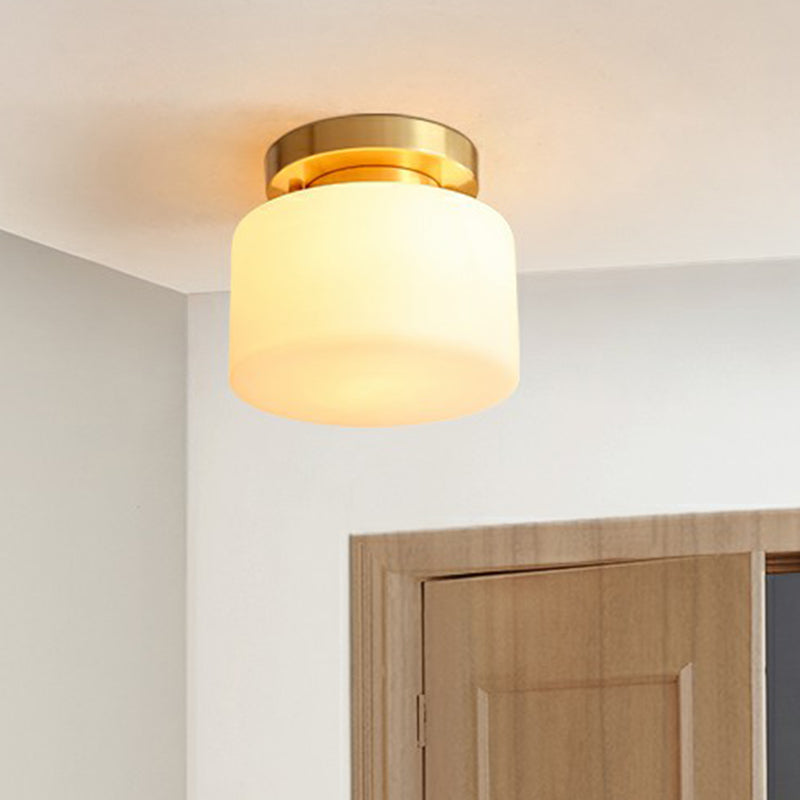 Minimalist Cylindrical Semi Flush Mount Lamp 1 Head Cream Glass Ceiling Light in Brass for Foyer