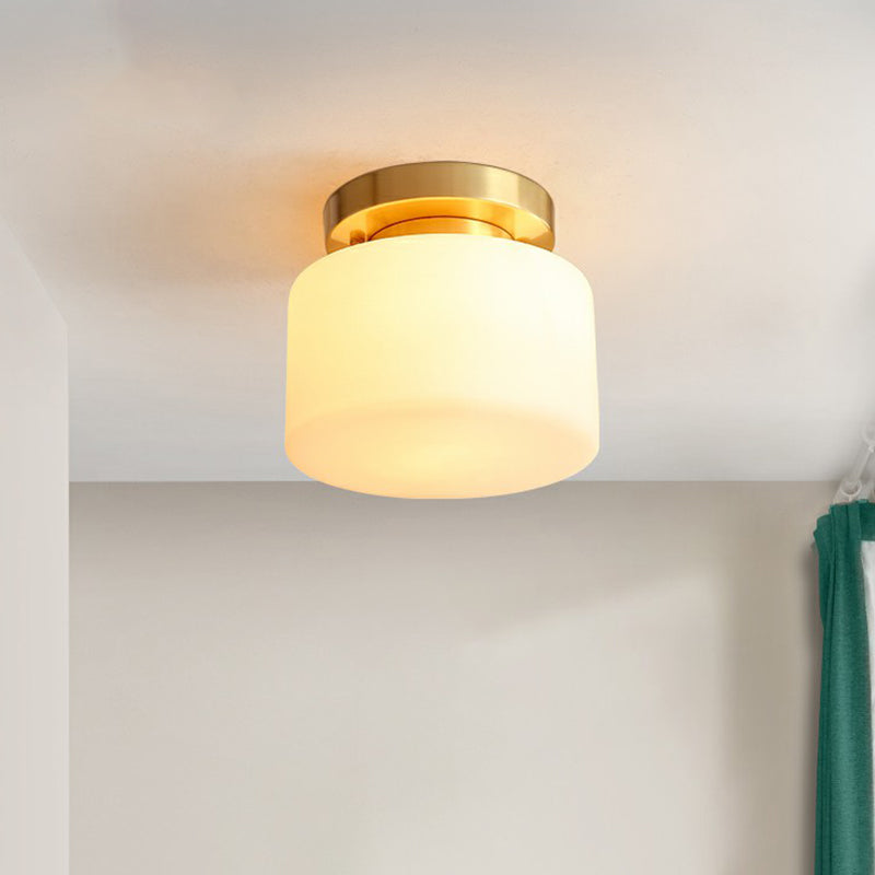 Minimalist Cylindrical Semi Flush Mount Lamp 1 Head Cream Glass Ceiling Light in Brass for Foyer