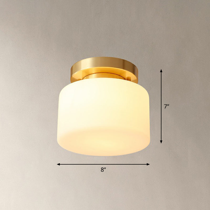 Minimalist Cylindrical Semi Flush Mount Lamp 1 Head Cream Glass Ceiling Light in Brass for Foyer