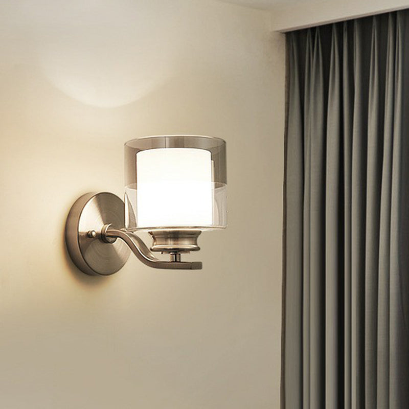 Dual Glass White Wall Sconce Cylindrical 1 Head Minimalistic Wall Mount Lamp for Bedroom