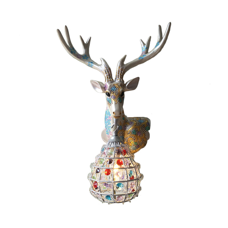 Application de cerf traditionnelle 1 Éclairage mural en résine lumineuse en noir / rose / jaune pour chambre avec une nuance de cristal de gouttelettes, droite / gauche