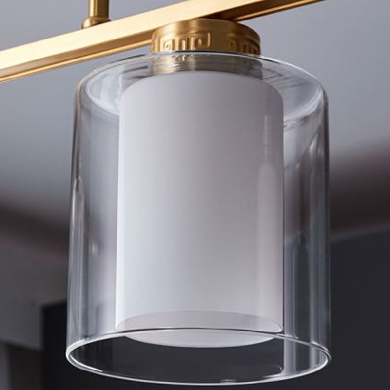 Brass 3-Light Island Lamp Traditional Clear and Frosted Glass Cylindrical Suspension Light