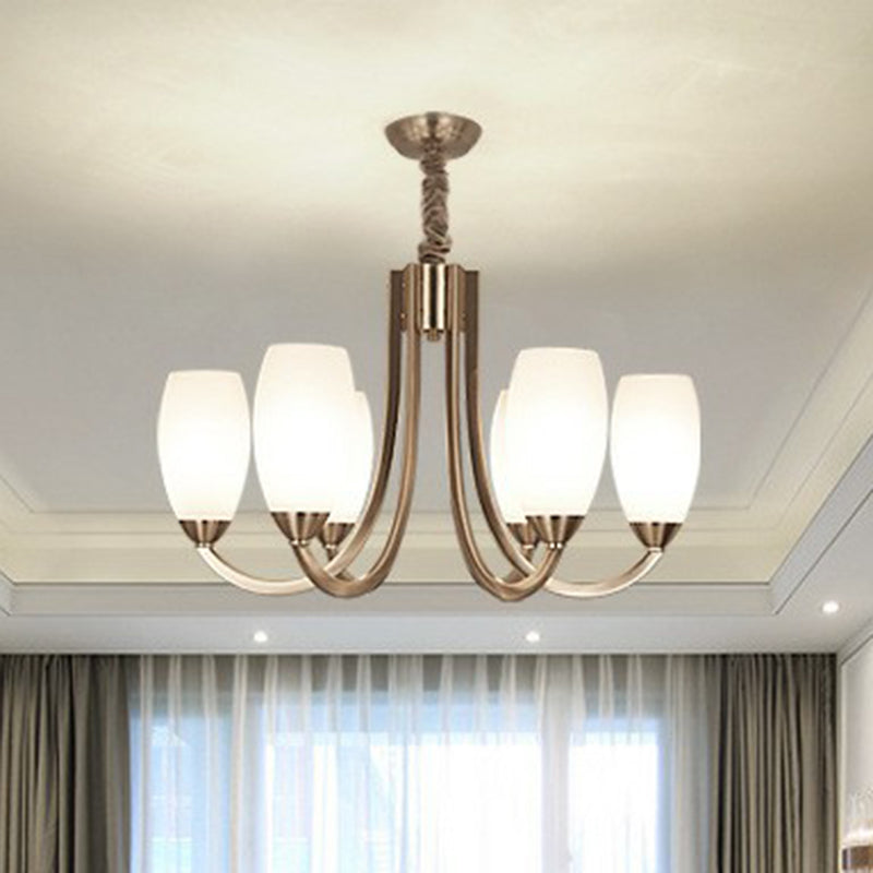 Nickel Finish Swoop Arm Chandelier Simplicity Metal Bedroom Pendant Light with Oval White Glass Shade