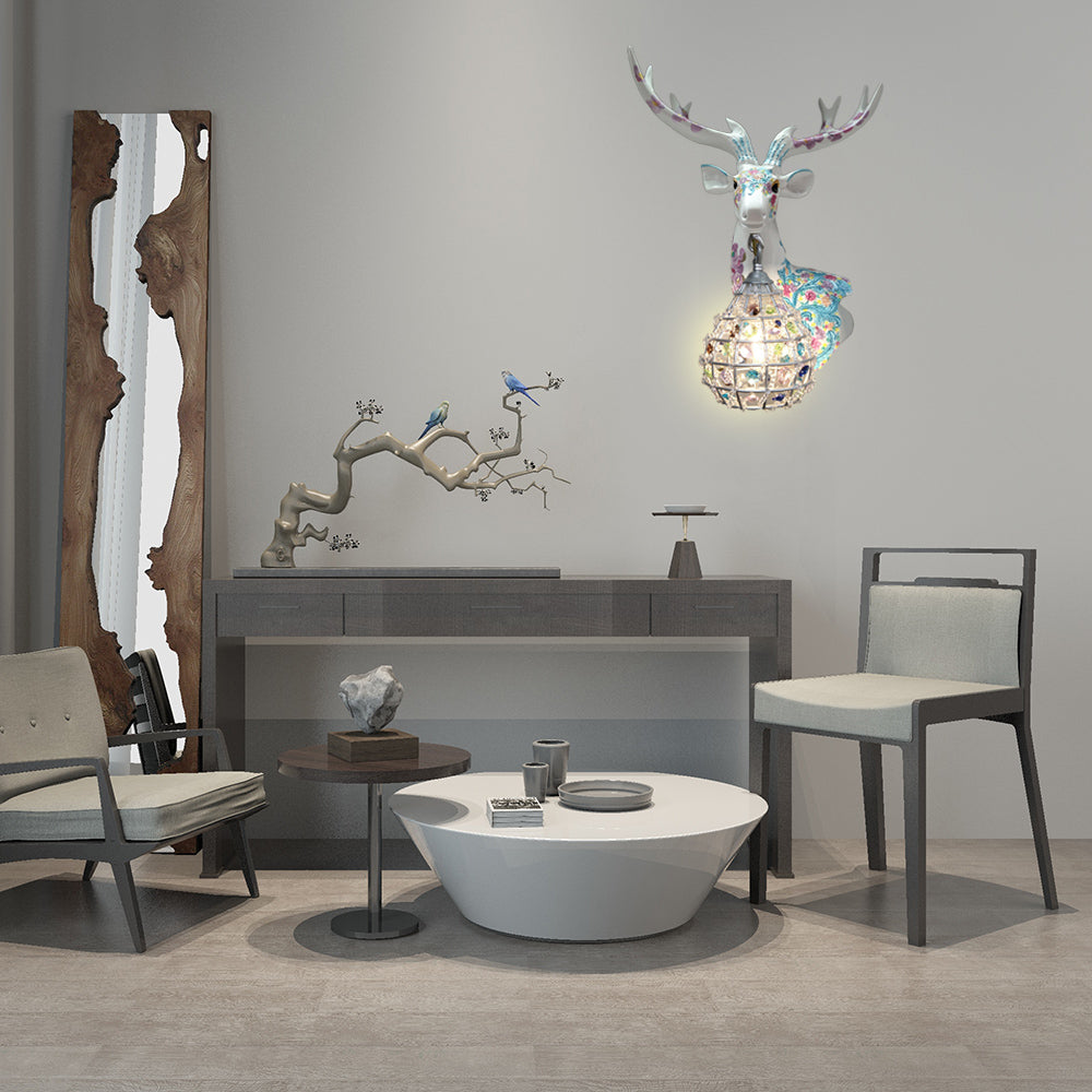 Application de cerf traditionnelle 1 Éclairage mural en résine lumineuse en noir / rose / jaune pour chambre avec une nuance de cristal de gouttelettes, droite / gauche