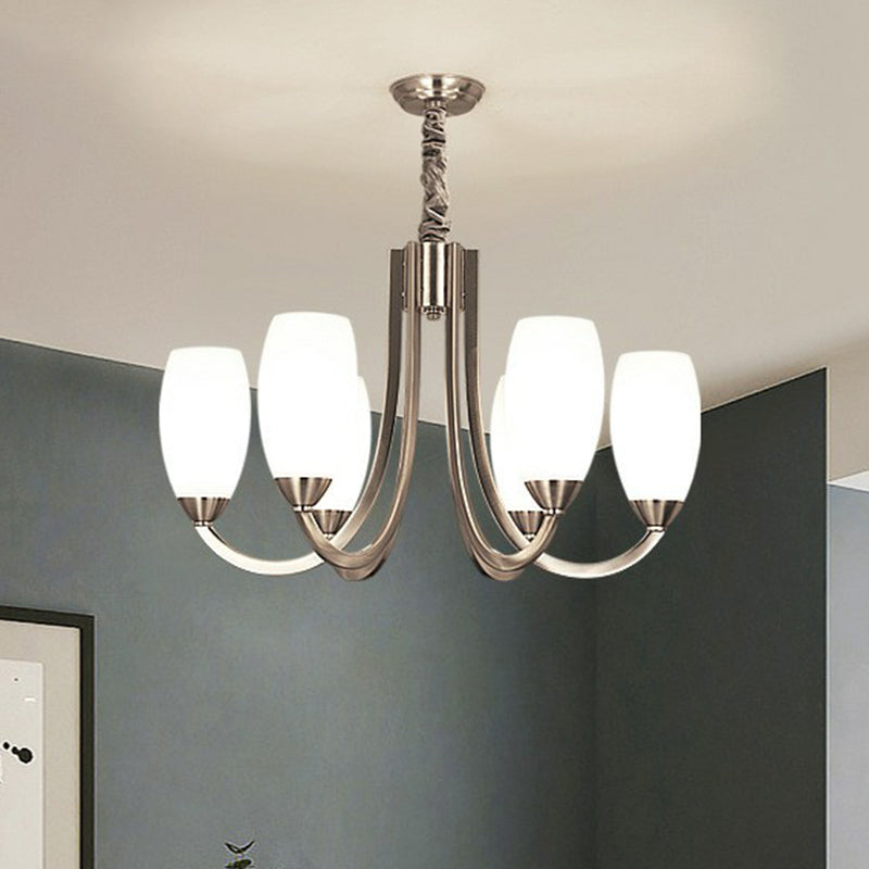 Nickel Finish Swoop Arm Chandelier Simplicity Metal Bedroom Pendant Light with Oval White Glass Shade