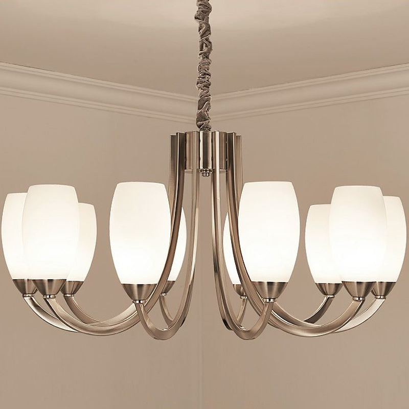 Nickel Finish Swoop Arm Chandelier Simplicity Metal Bedroom Pendant Light with Oval White Glass Shade