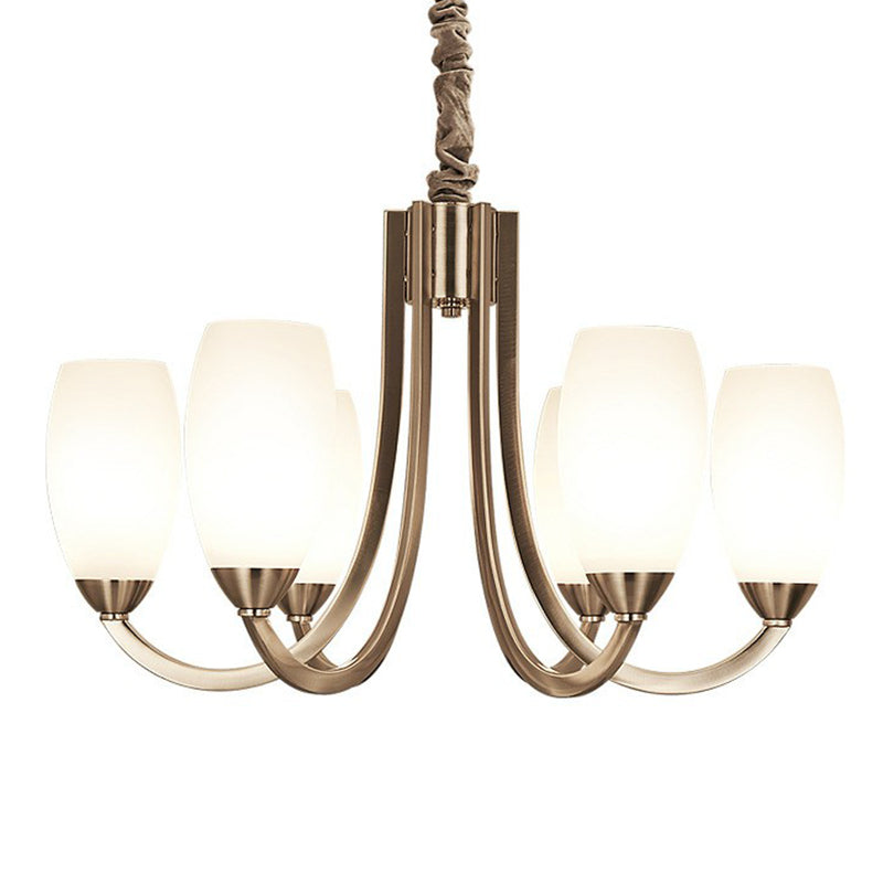 Nickel Finish Swoop Arm Chandelier Simplicity Metal Bedroom Pendant Light with Oval White Glass Shade