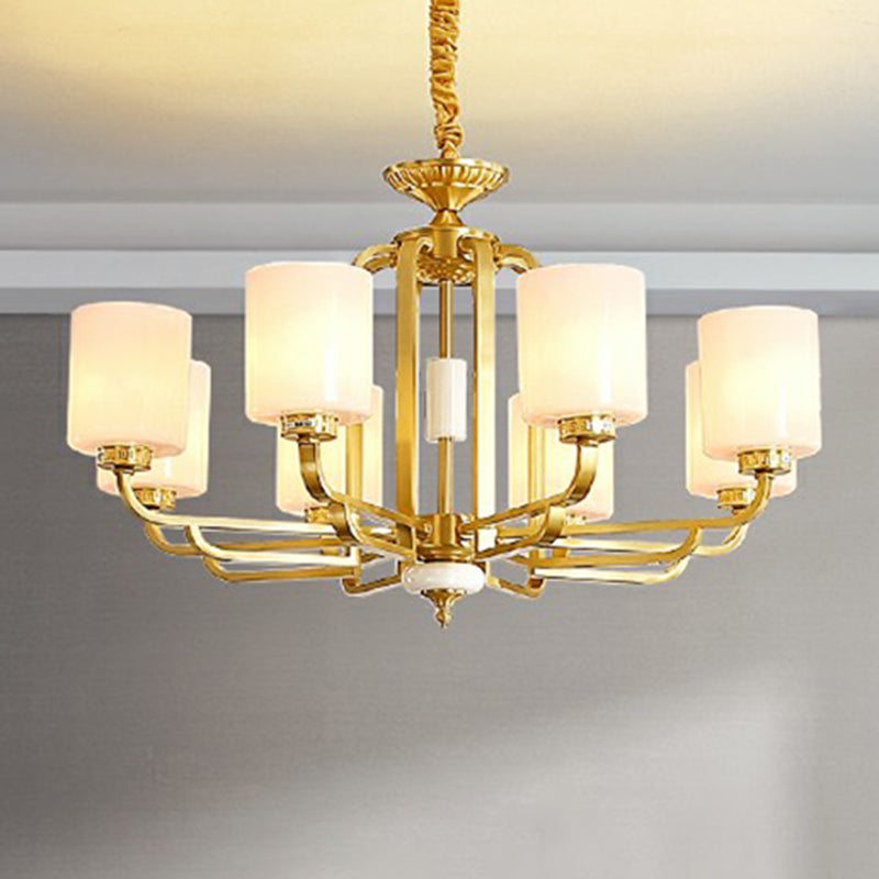 Traditional Cylinder Chandelier Milky Glass Ceiling Hang Light in Brass for Living Room