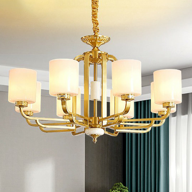 Traditional Cylinder Chandelier Milky Glass Ceiling Hang Light in Brass for Living Room