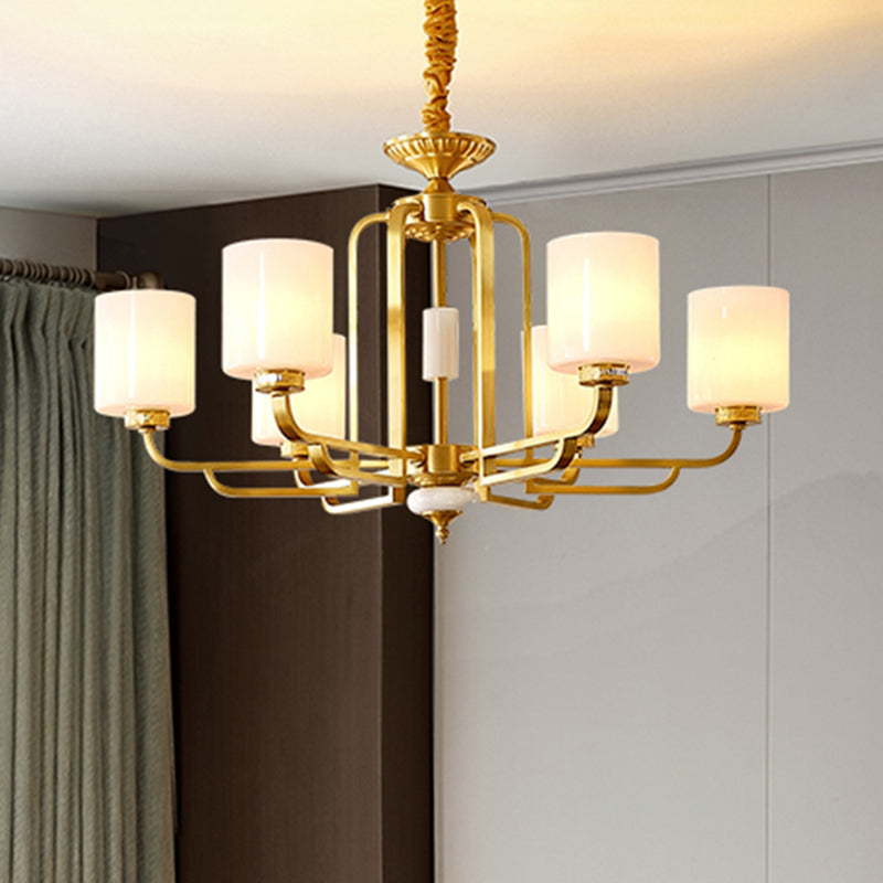 Traditional Cylinder Chandelier Milky Glass Ceiling Hang Light in Brass for Living Room