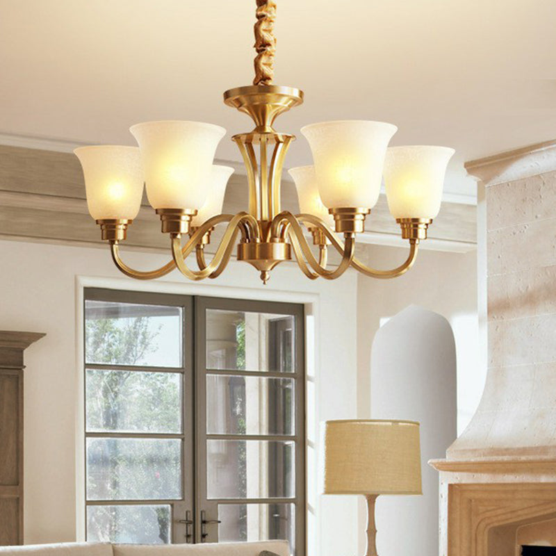 Traditional Flared Up Chandelier Semi-Opaque Glass Pendant Light Fixture in Brass
