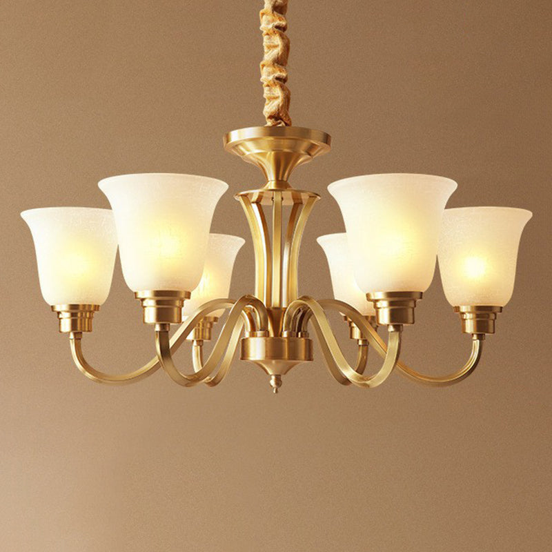 Traditional Flared Up Chandelier Semi-Opaque Glass Pendant Light Fixture in Brass