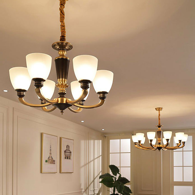 Black-Bronze Hanging Ceiling Light Traditional Frosted Glass Bell Chandelier for Living Room