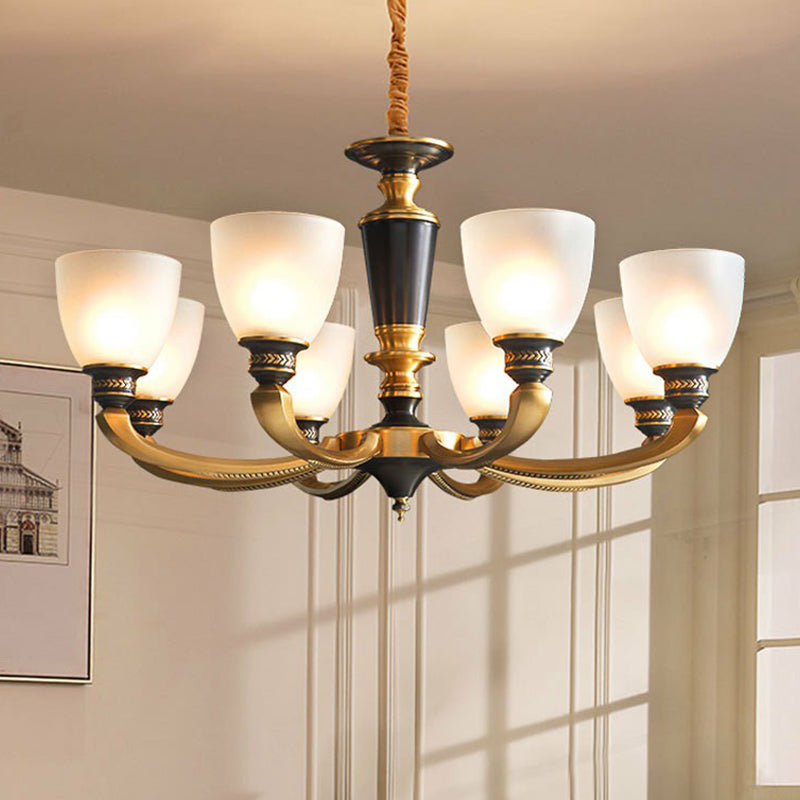 Black-Bronze Hanging Ceiling Light Traditional Frosted Glass Bell Chandelier for Living Room