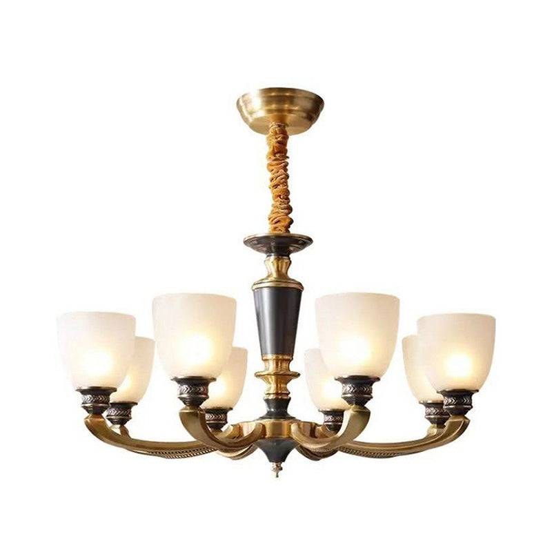 Black-Bronze Hanging Ceiling Light Traditional Frosted Glass Bell Chandelier for Living Room